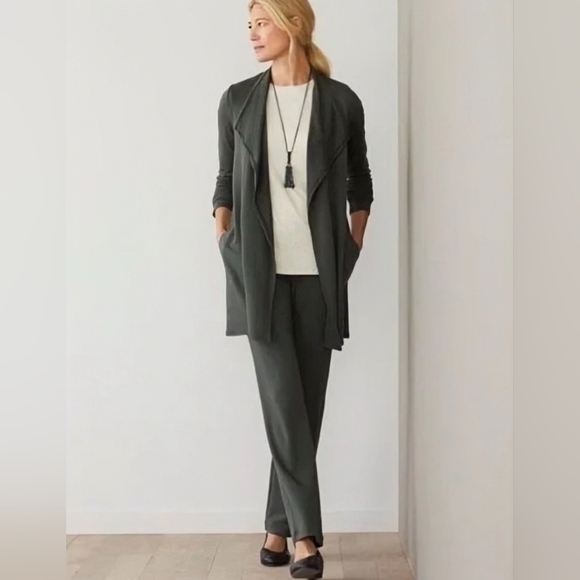 J. Jill Pure Jill Olive Green Open Front Longline Tencel Blend Cardigan Layering - Picture 1 of 11